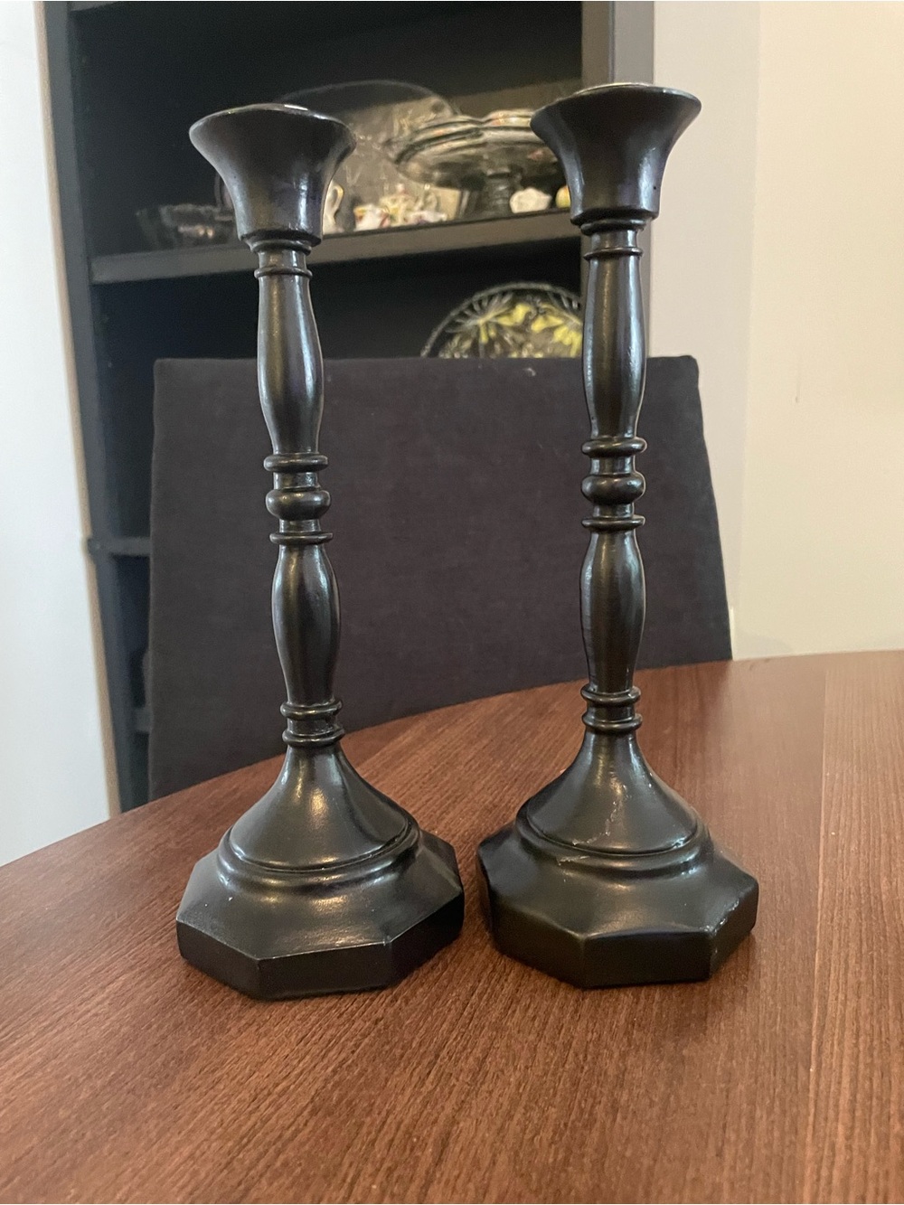 Black Turned Metal Candlestick Pair